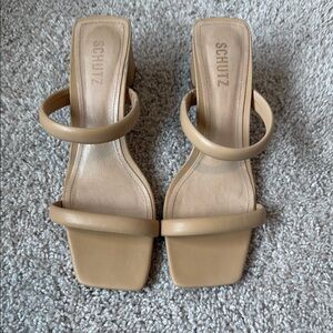 Schutz Tan Square Toe Women's Sandals